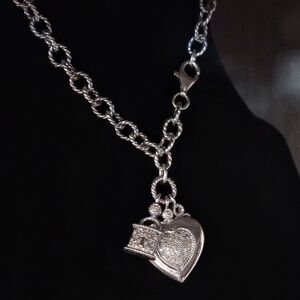 Designer Signed JWBR 925 Sterling Silver DIAMOND Heart Lock Key Bracelet Charm